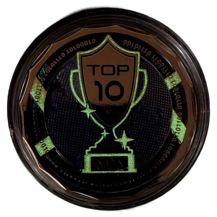 Back of the SANS CTF European Championship 2026 challenge coin under blacklight, with the trophy and border in glow-in-the-dark ink