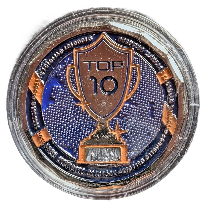 Back of the SANS CTF European Championship 2026 challenge coin, with an orange trophy shield engraved TOP 10, bordered by a binary-pattern ring