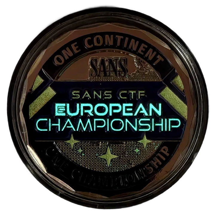 Front of the SANS CTF European Championship 2026 challenge coin under blacklight, with the banner text and stars in glow-in-the-dark ink