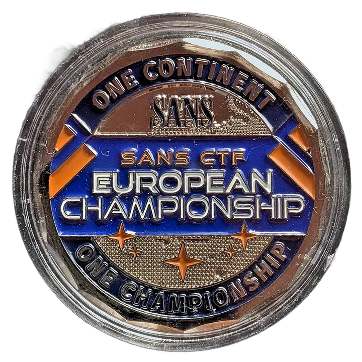 Front of the SANS CTF European Championship 2026 challenge coin, with a blue enameled banner reading SANS CTF European Championship, bordered by One Continent One Championship
